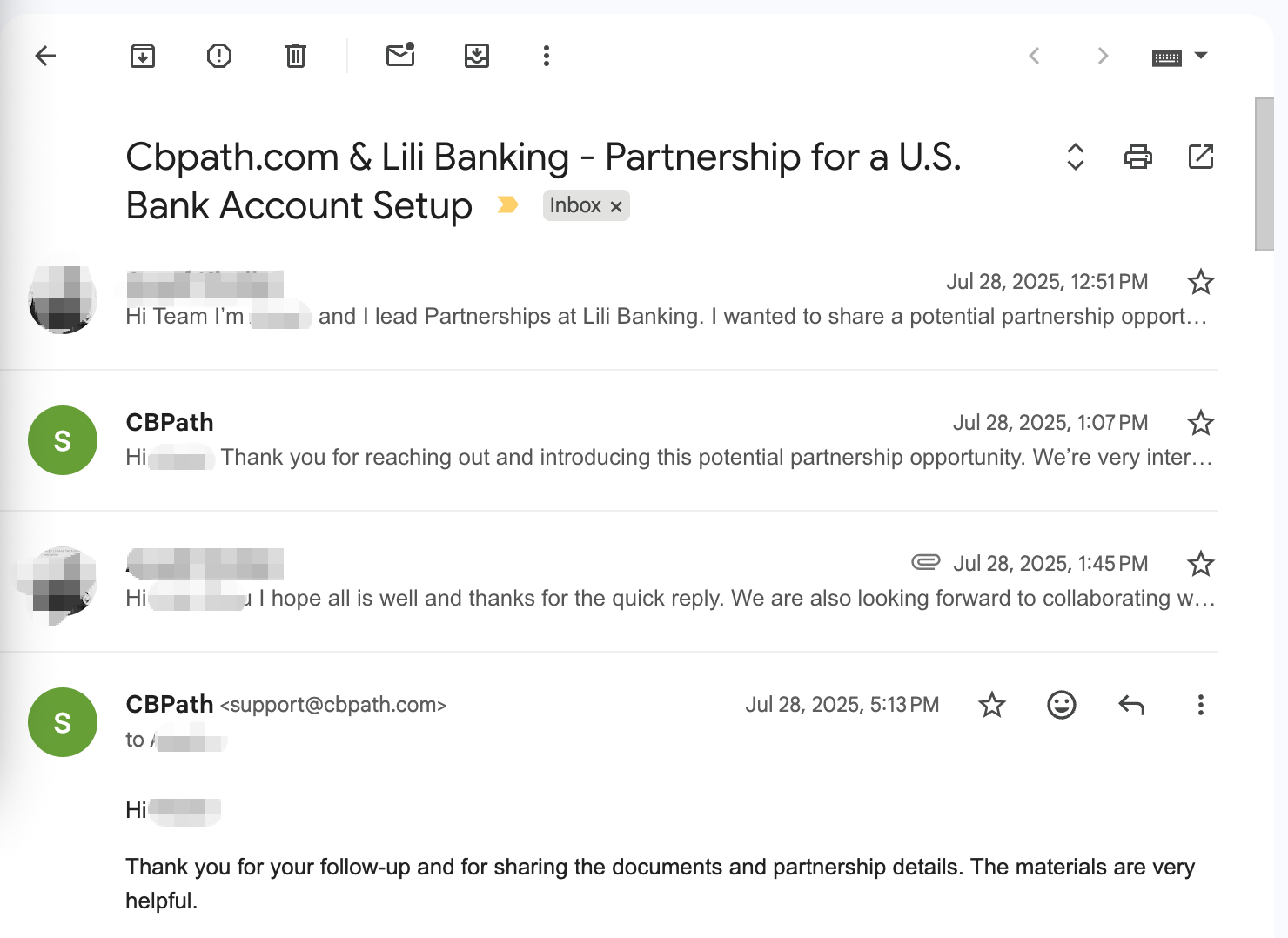 Lili Banking 合作团队与 CBPath 关于美国银行开户合作的邮件往来截图,2025 年 7 月 28 日