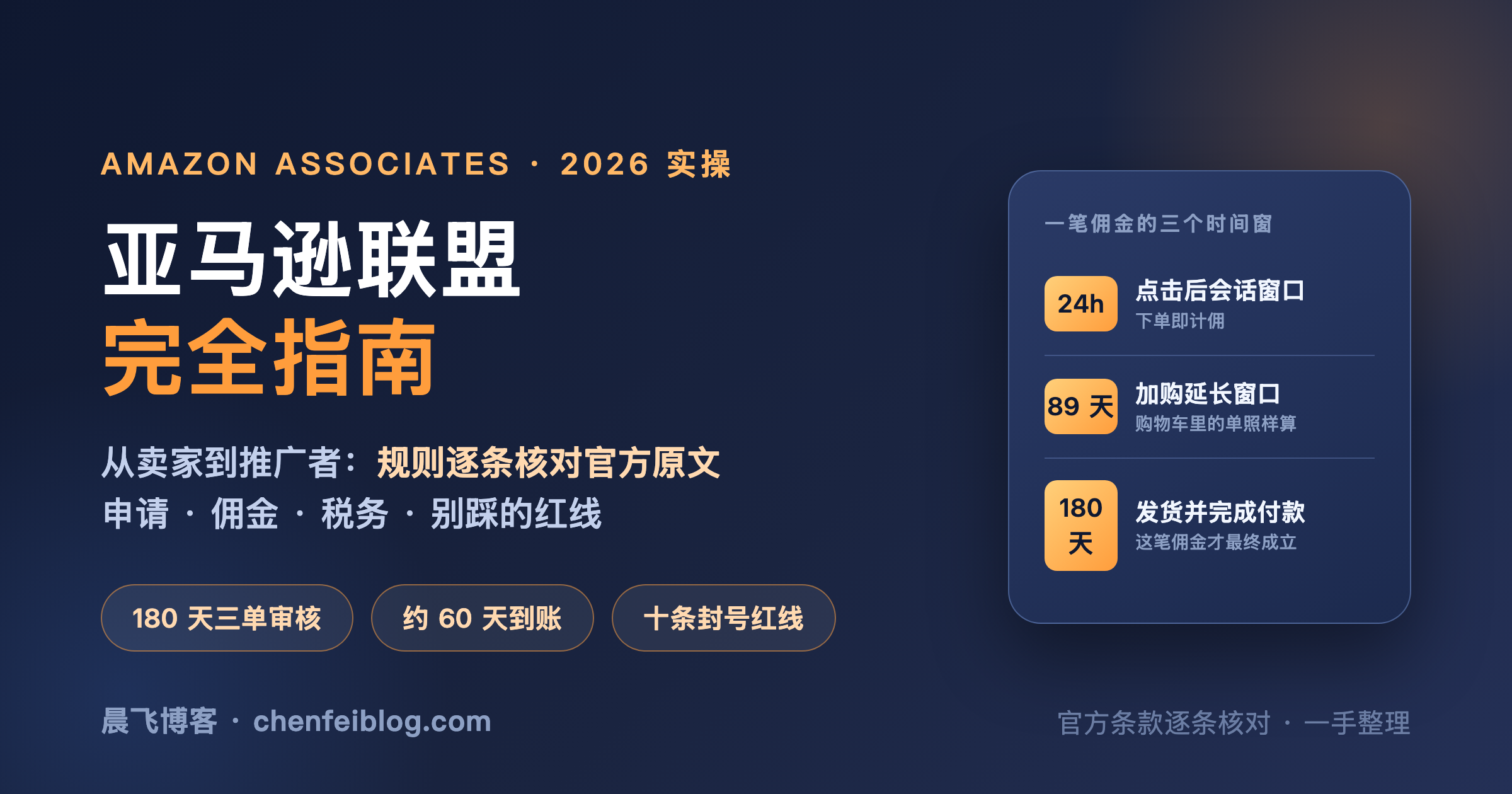 亚马逊联盟 Amazon Associates 完全指南 2026：180 天三单审核、佣金到账、封号红线